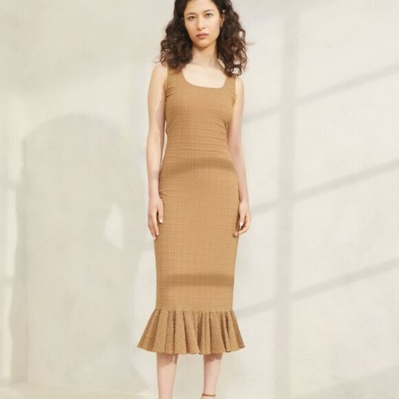 NWT Loeffler Randall Yessica Stretch Seersucker Midi Dress in Brown, Size - Picture 1 of 11